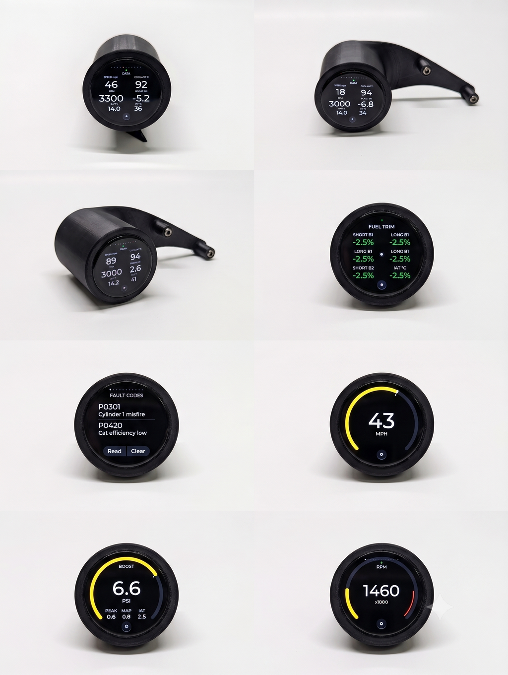 MiniGauge AMOLED gauge shown with boost, RPM, speed, fuel trim and OBD-II fault-code screens