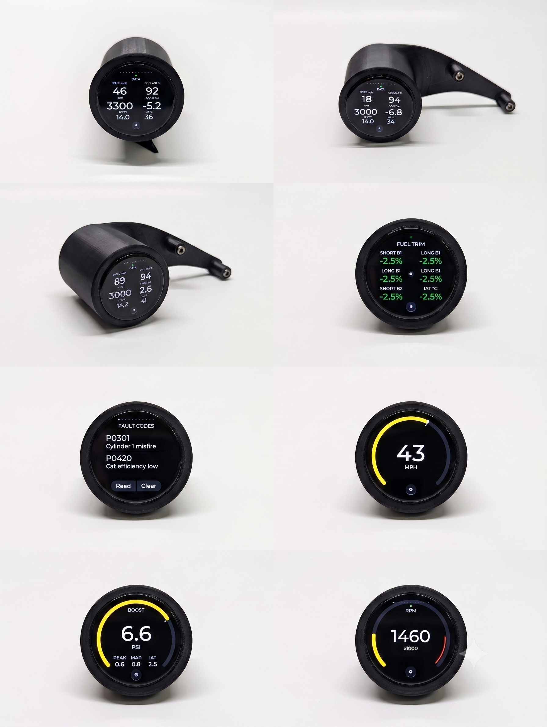 MiniGauge AMOLED gauge shown with boost, RPM, speed, fuel trim and OBD-II fault-code screens
