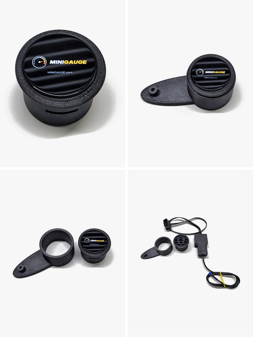 MiniGauge AMOLED gauge shown with boost, RPM, speed, fuel trim and OBD-II fault-code screens